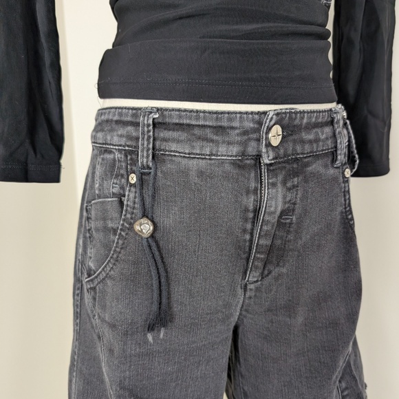 Black Denim Capri's Pantaloons Baggy Low Mid Rise Cropped Distressed Cargo - Picture 4 of 12
